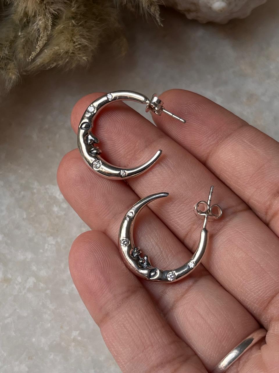 Celestial Charm -Crescent Moon Face Cz studded 925 Sterling Silver Half Hoops