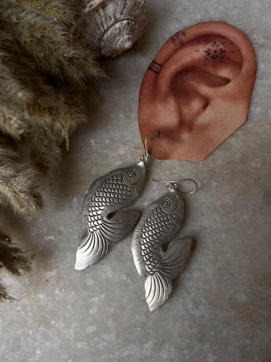 Tribal Hand-engraved Fish/ Machli / Pisces 925 Sterling Silver Statement Earrings