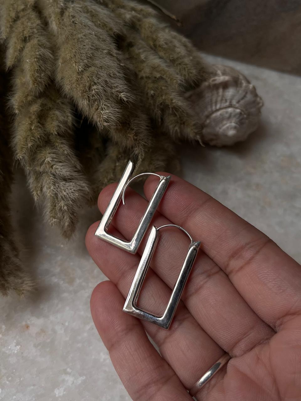 Chunky Italian Rectangular Statement 925 Sterling Silver Hoops