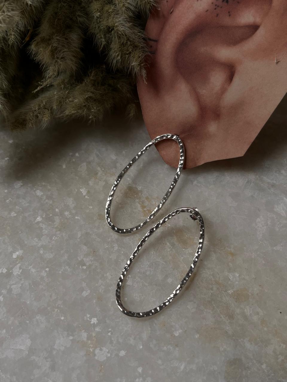 Chunky Italian Oval Hammered Statement 925 Sterling Silver Studs