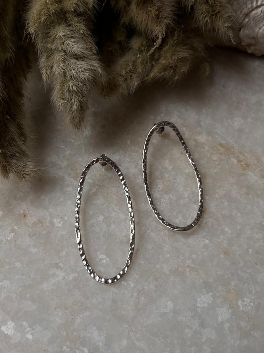 Chunky Italian Oval Hammered Statement 925 Sterling Silver Studs
