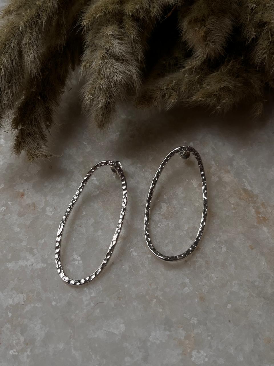 Chunky Italian Oval Hammered Statement 925 Sterling Silver Studs