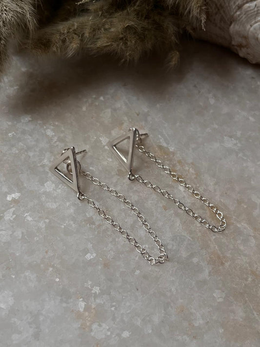 Triangle Chain Attached 925 Sterling Silver Studs