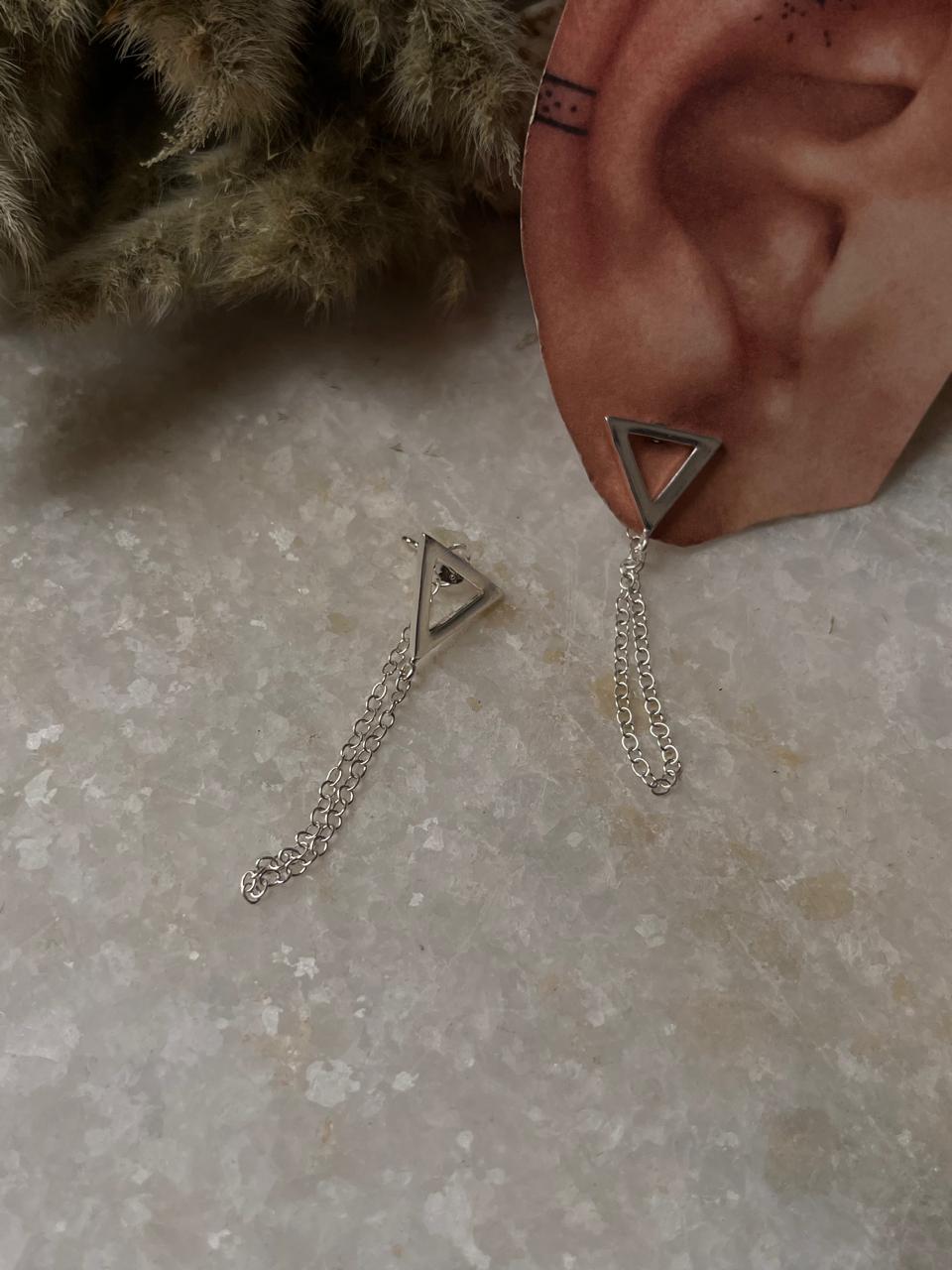 Triangle Chain Attached 925 Sterling Silver Studs