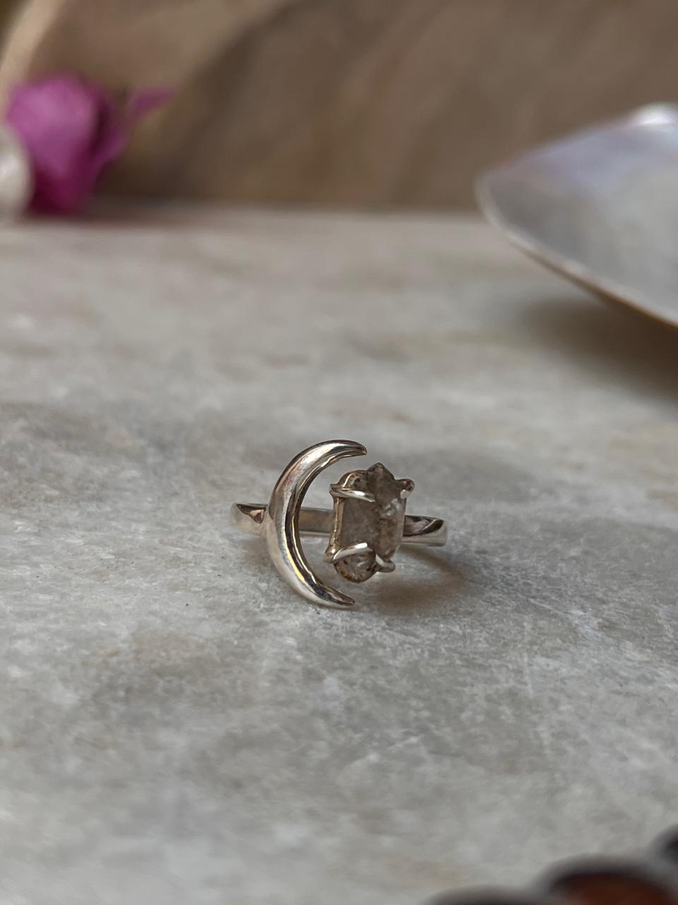 Clear Quartz Raw Uncut Crescent Moon Adjustable 925 Sterling Silver Ring