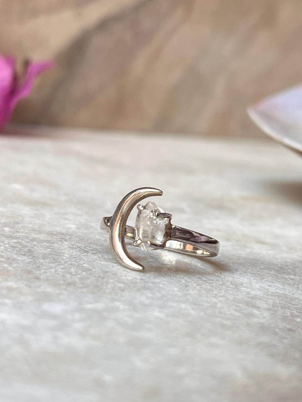 Clear Quartz Raw Uncut Crescent Moon Adjustable 925 Sterling Silver Ring