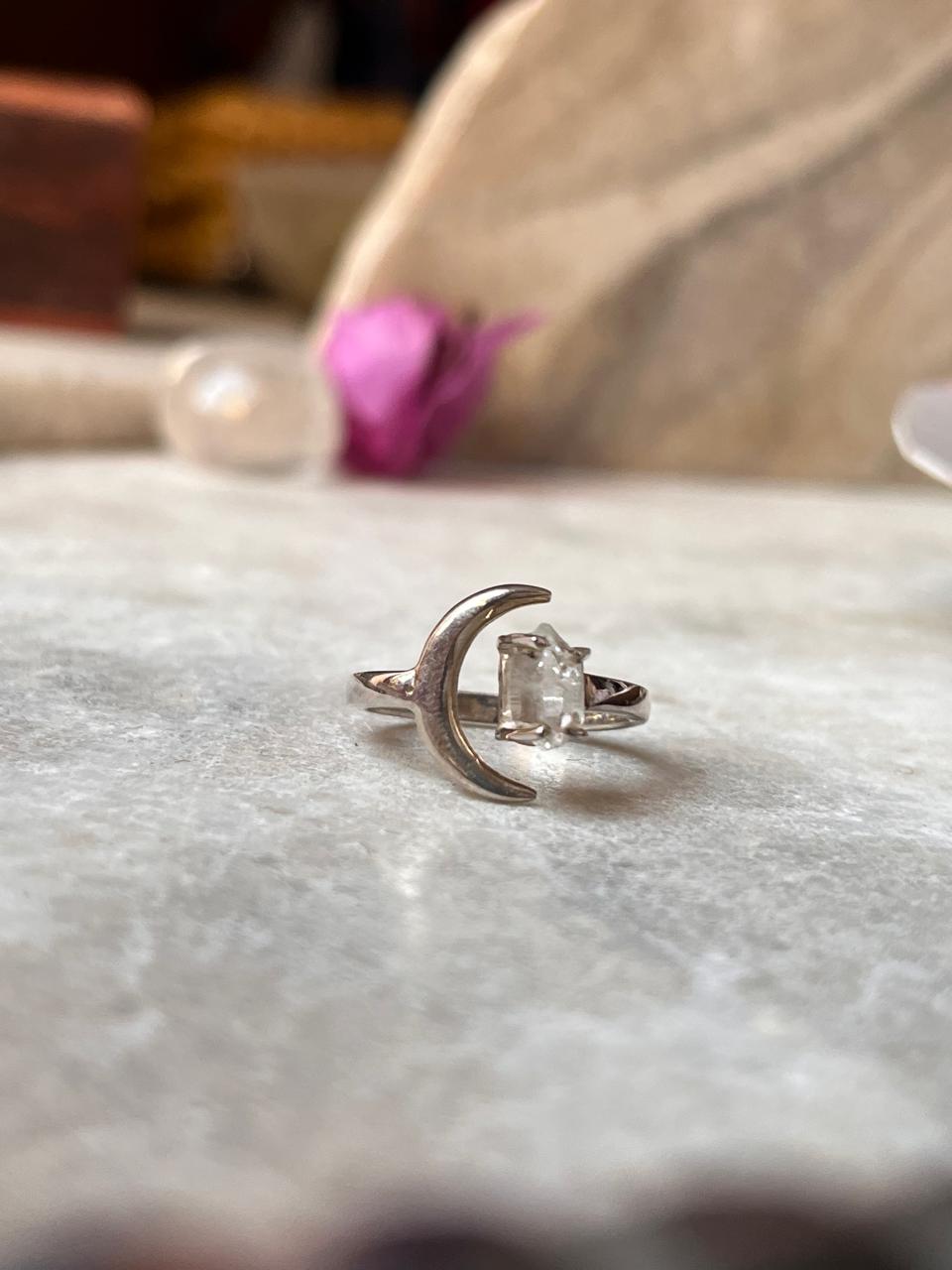 Clear Quartz Raw Uncut Crescent Moon Adjustable 925 Sterling Silver Ring