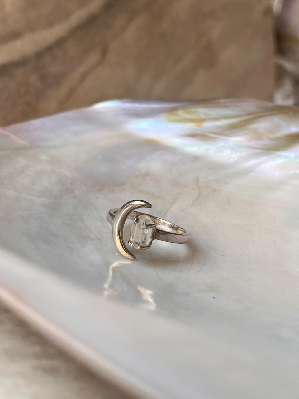 Clear Quartz Raw Uncut Crescent Moon Adjustable 925 Sterling Silver Ring