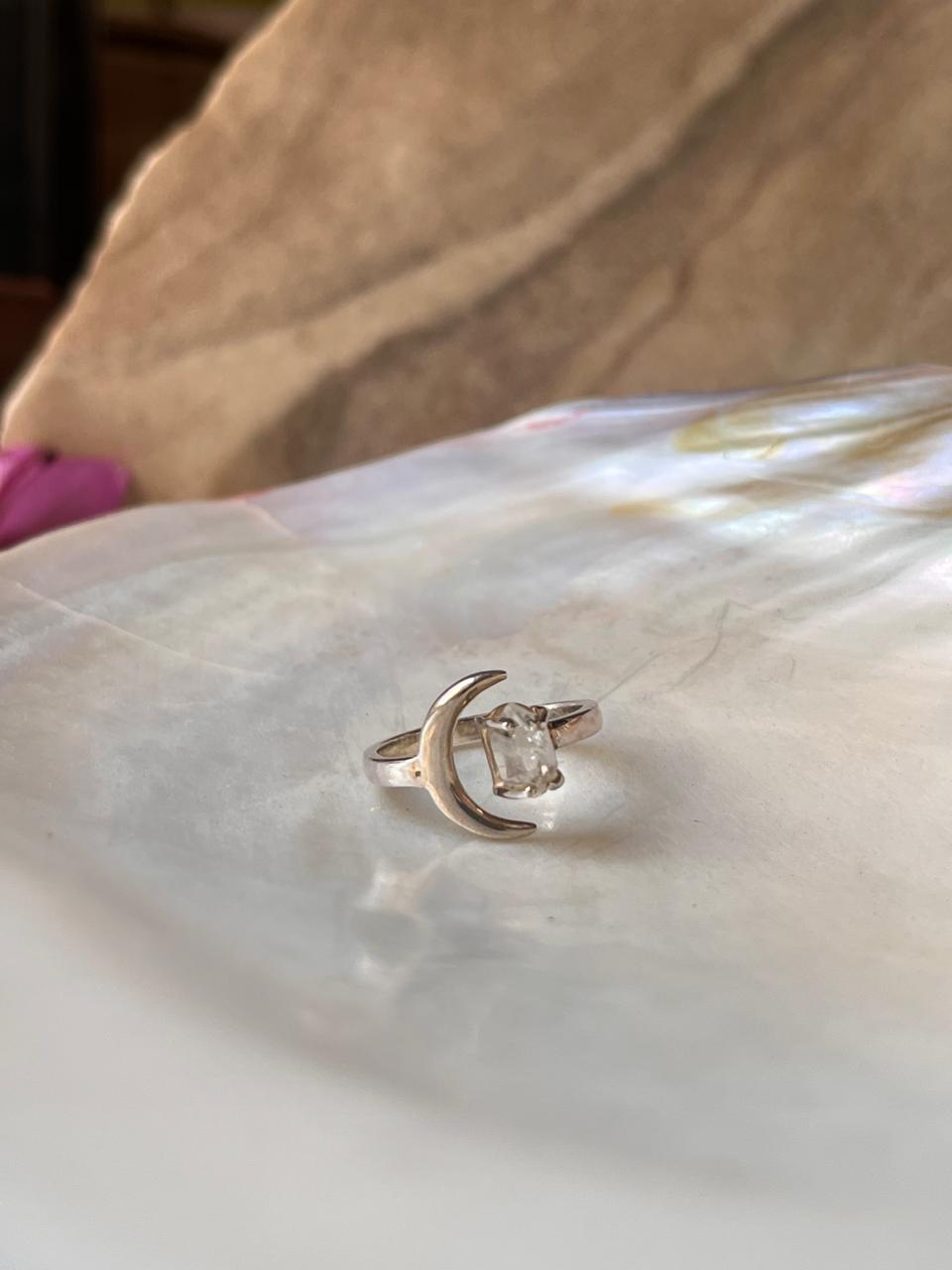 Clear Quartz Raw Uncut Crescent Moon Adjustable 925 Sterling Silver Ring