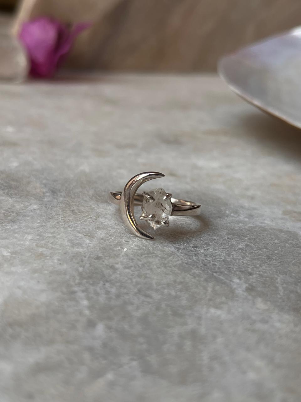 Clear Quartz Raw Uncut Crescent Moon Adjustable 925 Sterling Silver Ring
