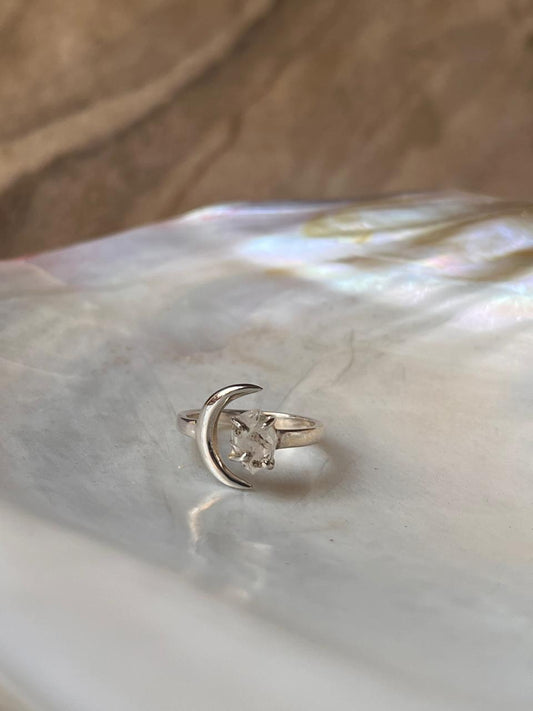 Clear Quartz Raw Uncut Crescent Moon Adjustable 925 Sterling Silver Ring