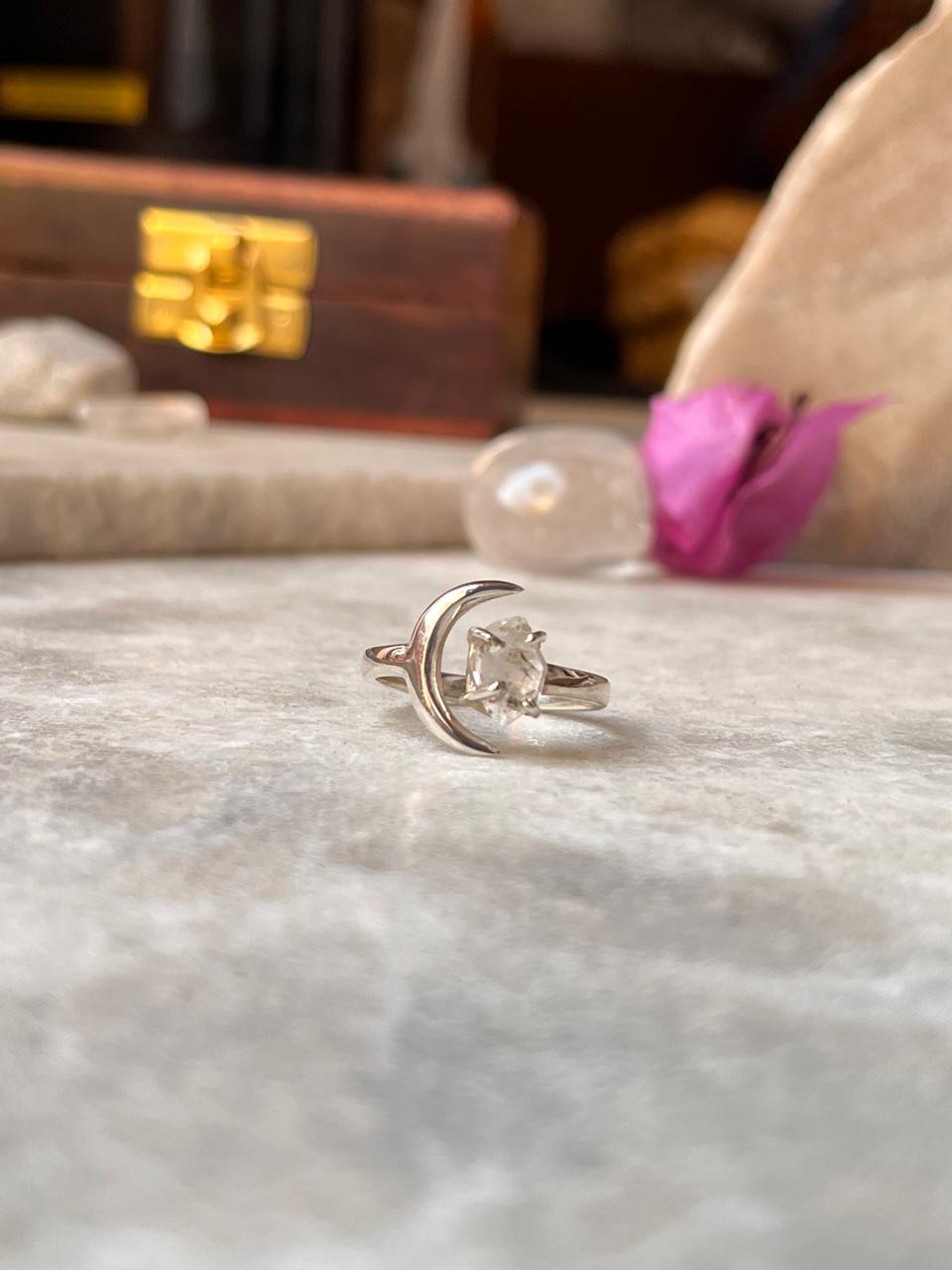 Clear Quartz Raw Uncut Crescent Moon Adjustable 925 Sterling Silver Ring