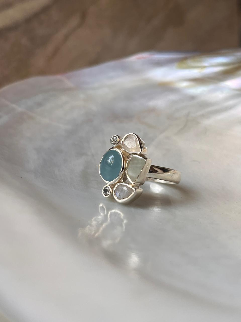 Aquamarine , Blue Topaz & Moonstone Cluster 925 Sterling Silver Ring