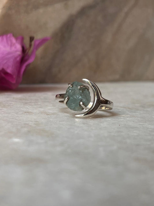 Aquamarine Raw Uncut Crescent Moon Adjustable 925 Sterling Silver Ring