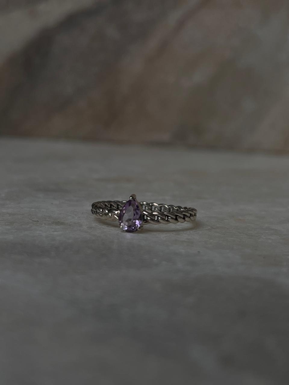 Amethyst Pear Solitaire Cuban Link Band 925 Sterling Silver Ring