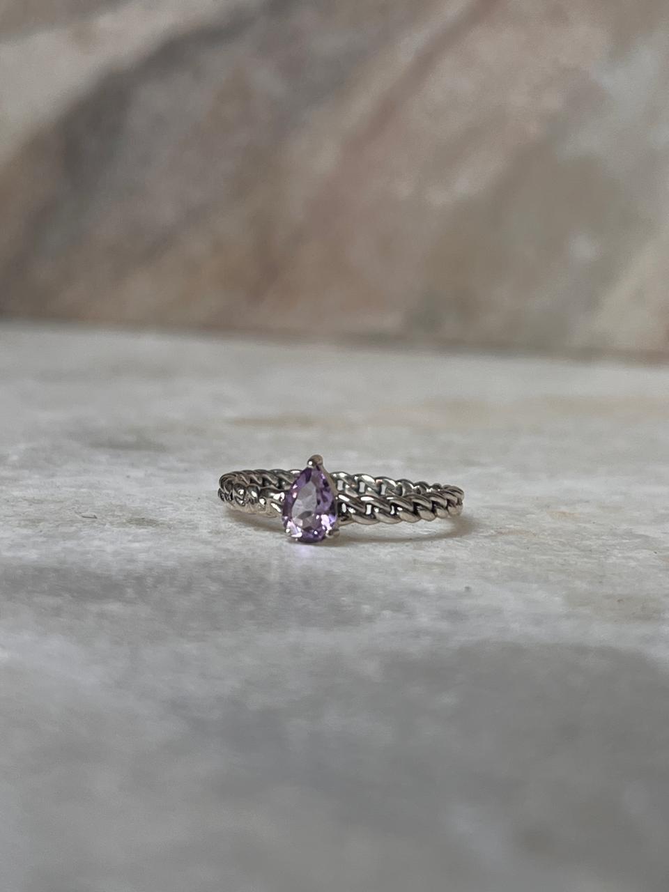 Amethyst Pear Solitaire Cuban Link Band 925 Sterling Silver Ring