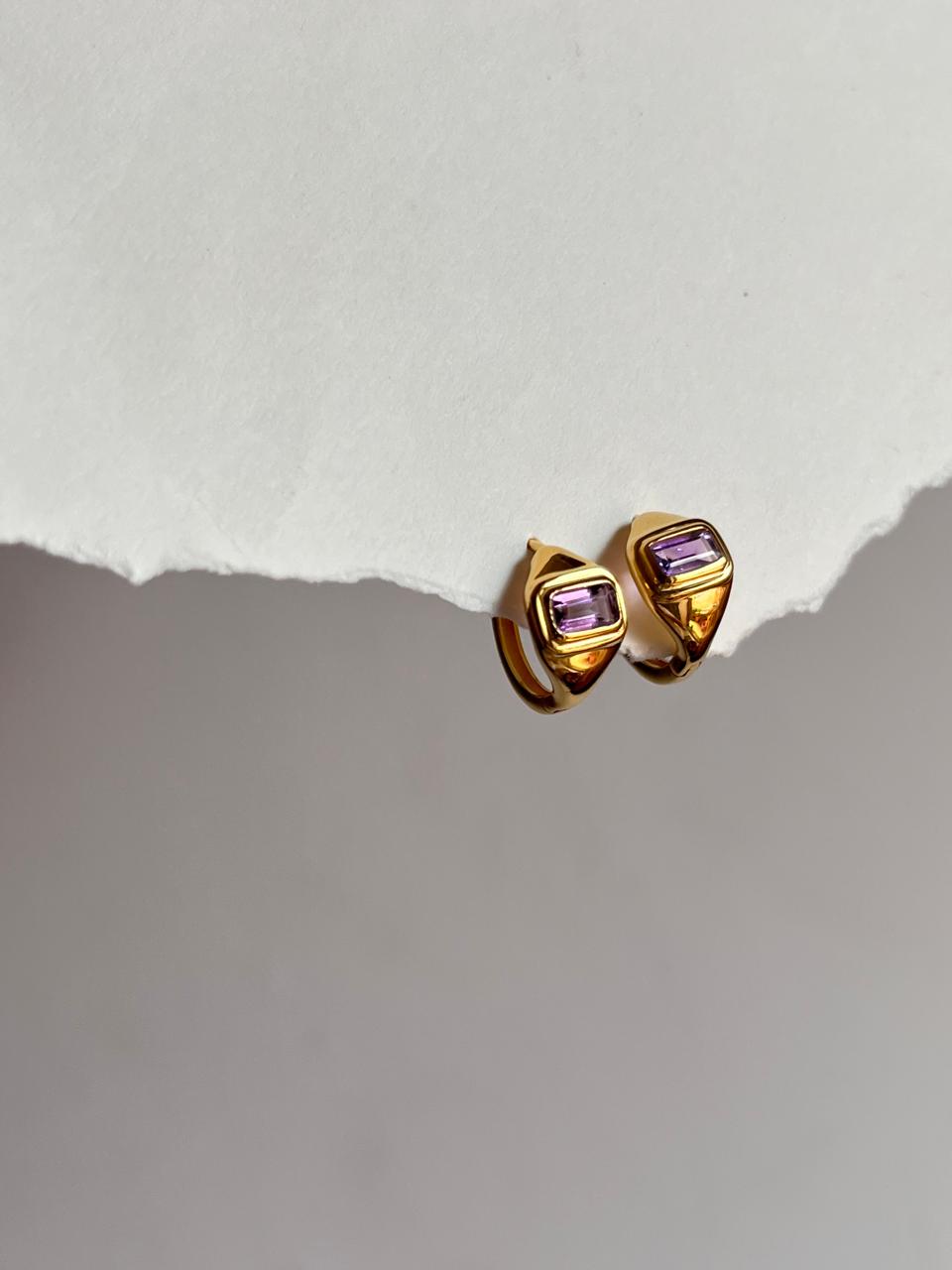 Minimalist amethyst huggie earrings in sterling silver  