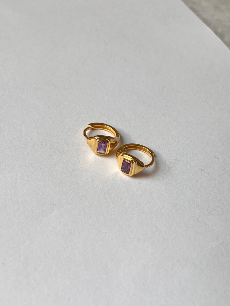 Dainty gold vermeil huggies with natural amethyst stones