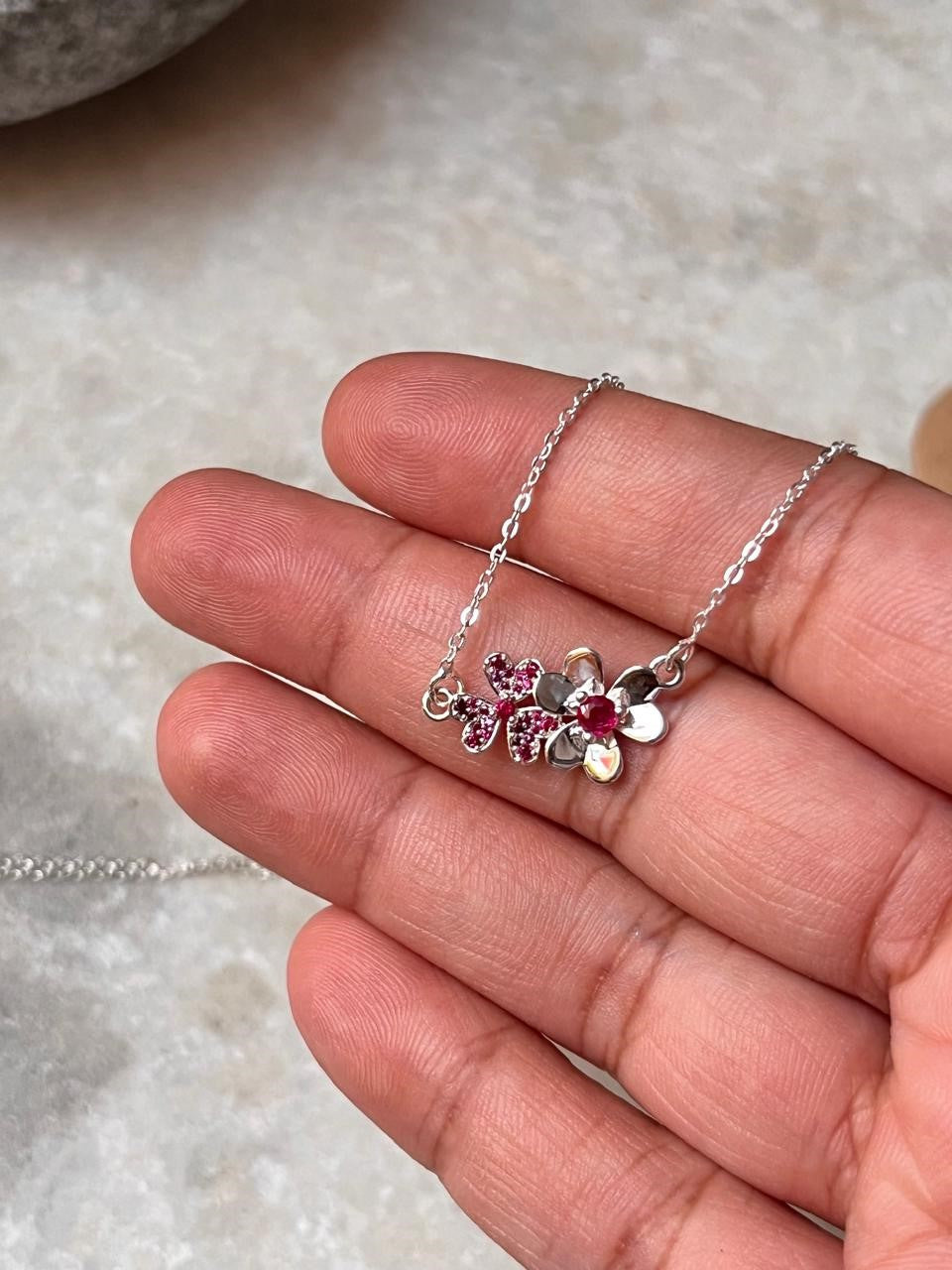 Ruby Lab Grown flowers Bouquet 925 Sterling Silver Necklace