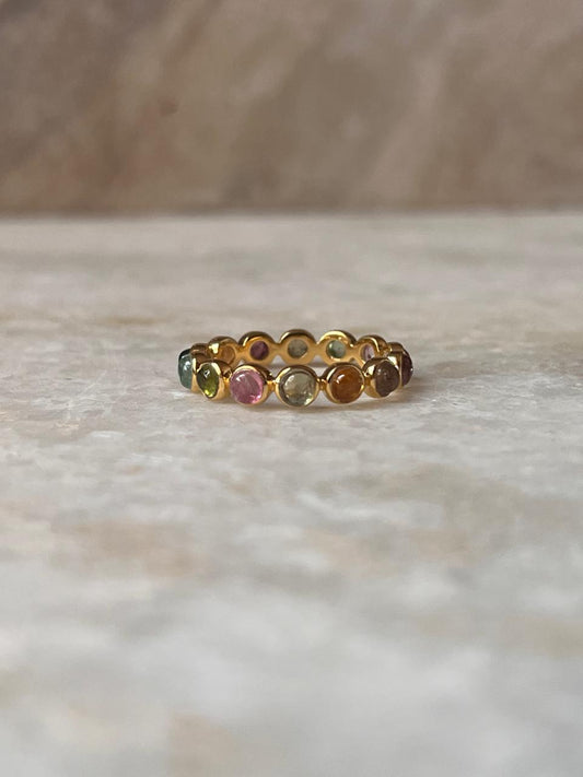 Gold Vermeil Multi Tourmaline Round Band 925 Sterling Silver Ring