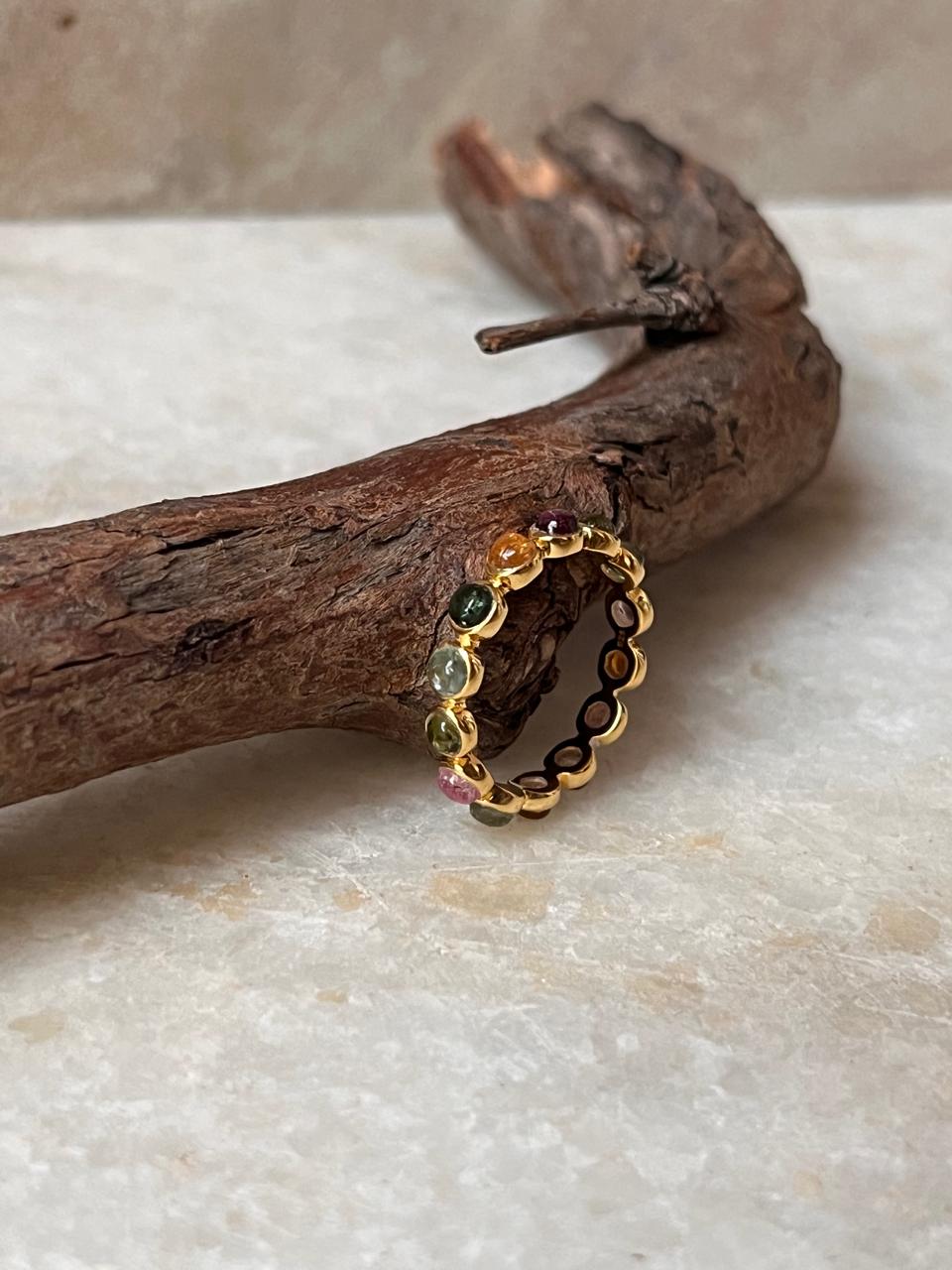Gold Vermeil Multi Tourmaline Round Band 925 Sterling Silver Ring