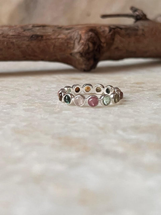 Multi Tourmaline Round Band 925 Sterling Silver Ring
