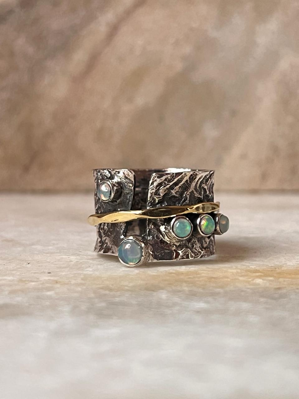 Natural Ethiopian Opal Rustic Wrap Spinner Handcrafted 925 Sterling Silver Ring
