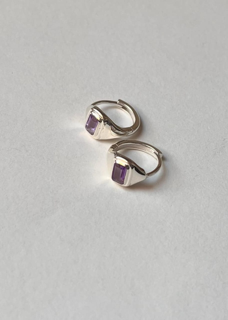 Silver Amethyst Huggies 925 Sterling Silver Earrings