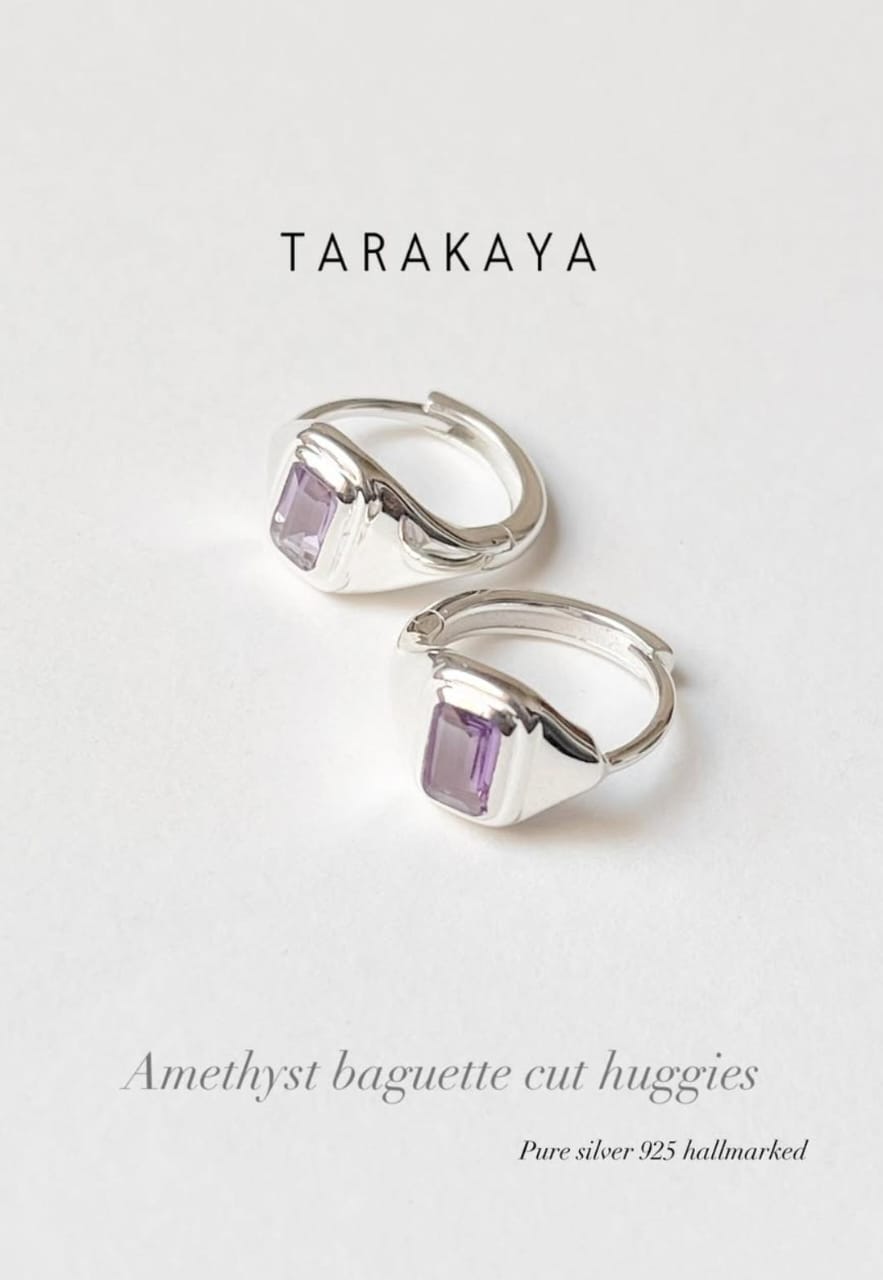 Silver Amethyst Huggies 925 Sterling Silver Earrings