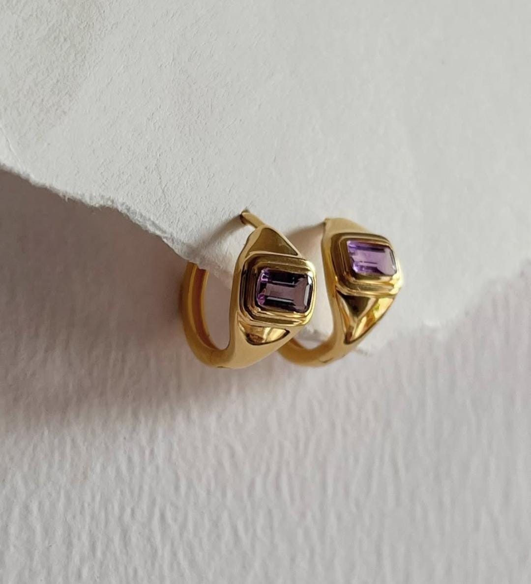 Handcrafted gold vermeil huggies with amethyst gemstones