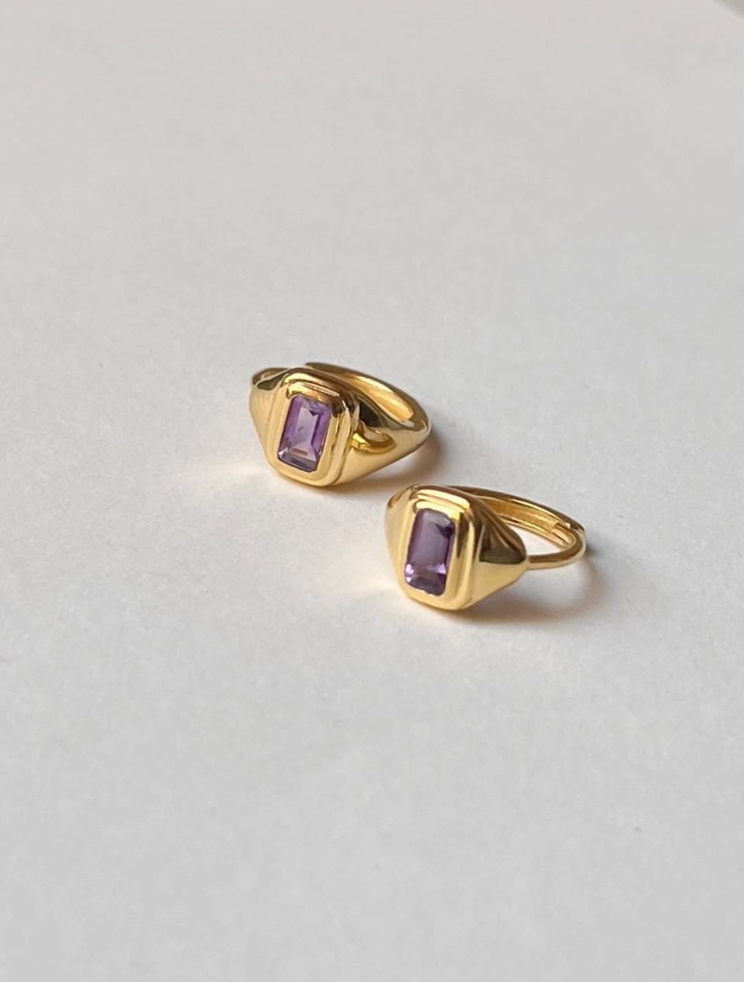 Gold vermeil hoop huggies with purple amethyst gems  