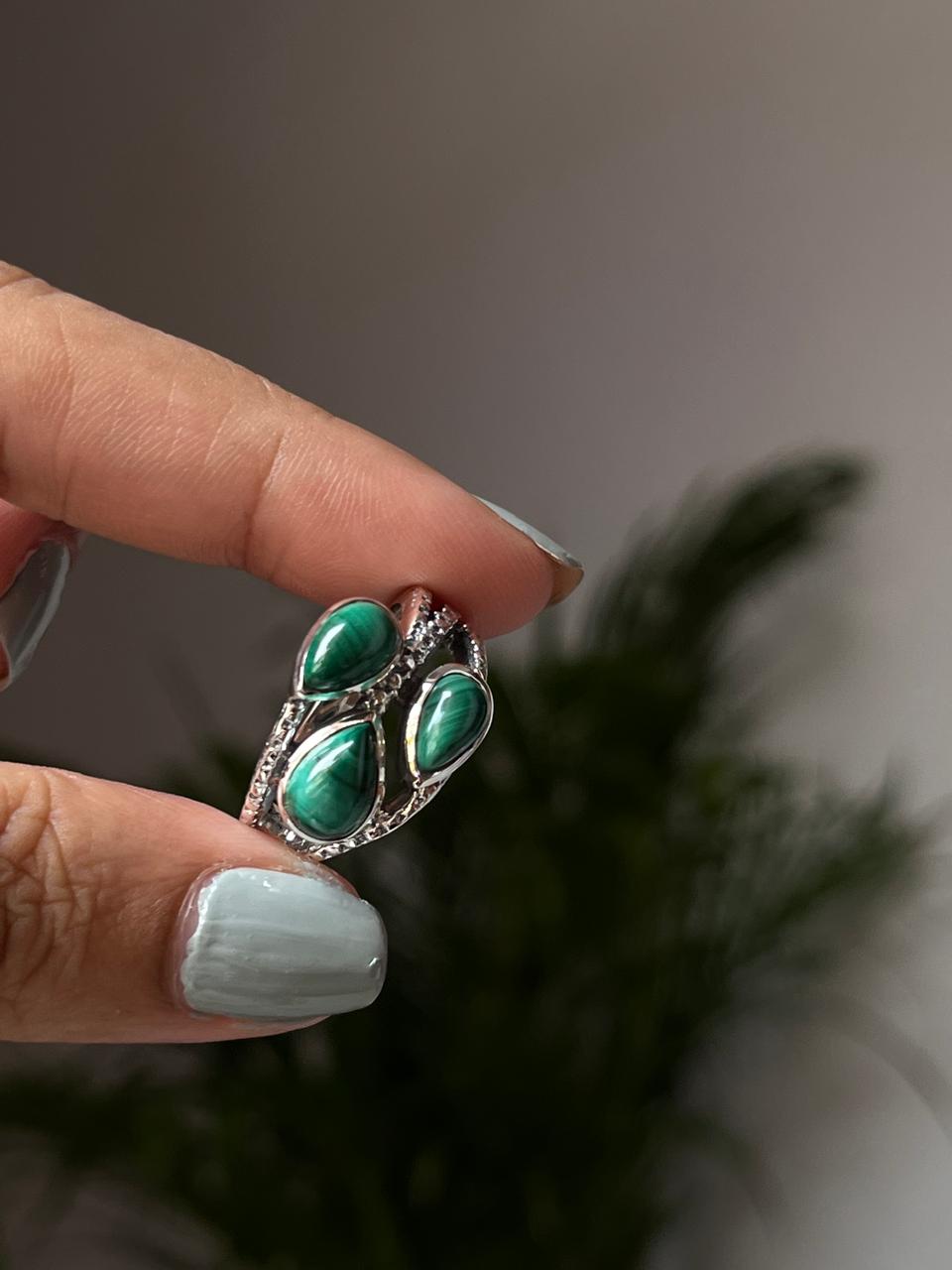 Malachite 3 Stone Statement 925 Sterling Silver Ring