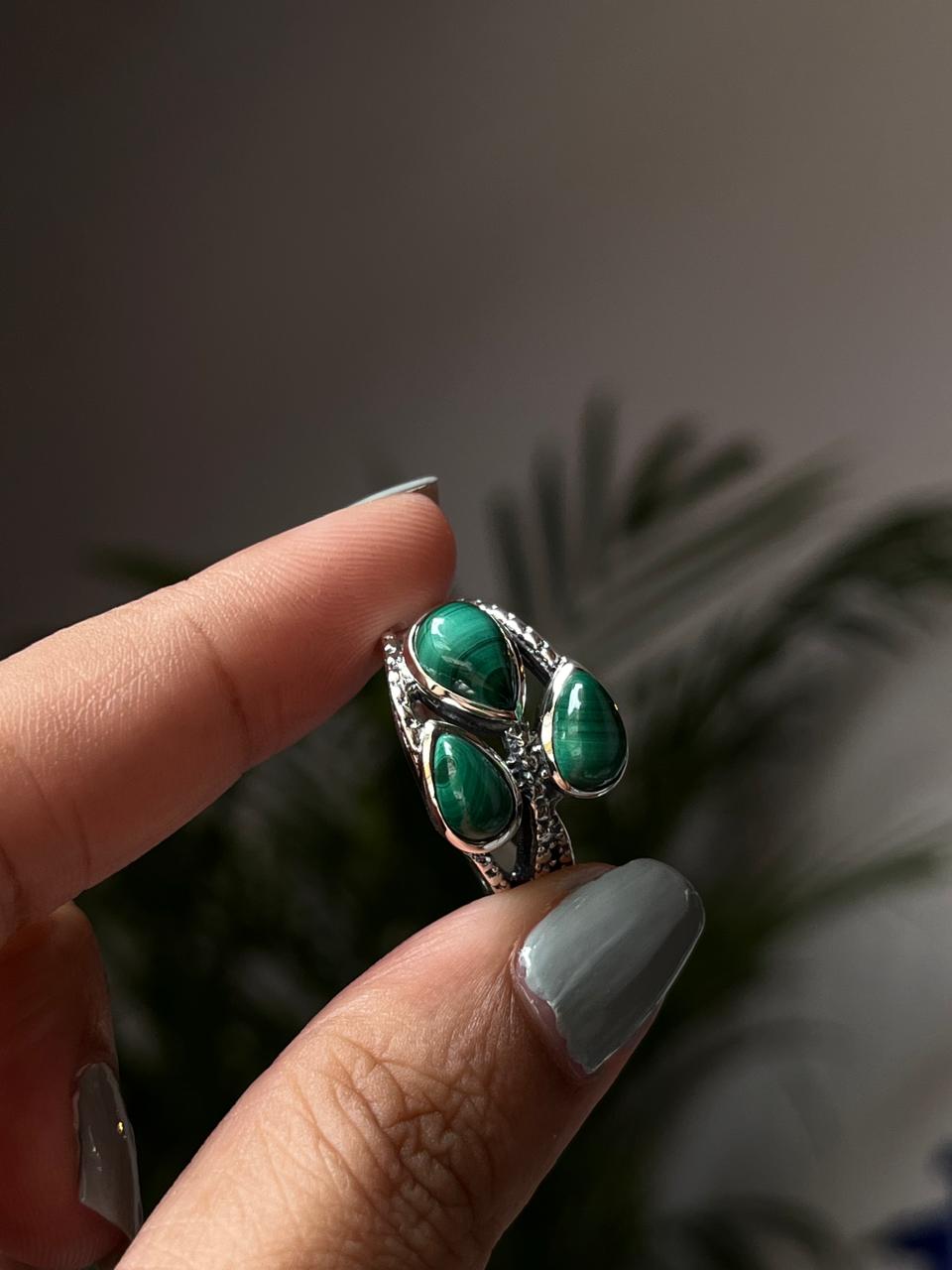 Malachite 3 Stone Statement 925 Sterling Silver Ring