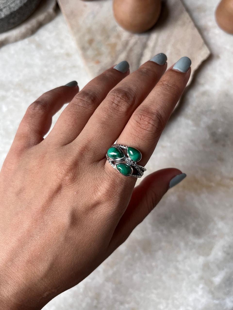 Malachite 3 Stone Statement 925 Sterling Silver Ring