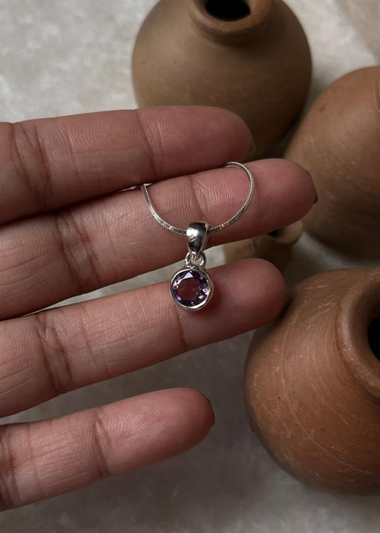 natural amethyst round pendant in 925 sterling silver  
