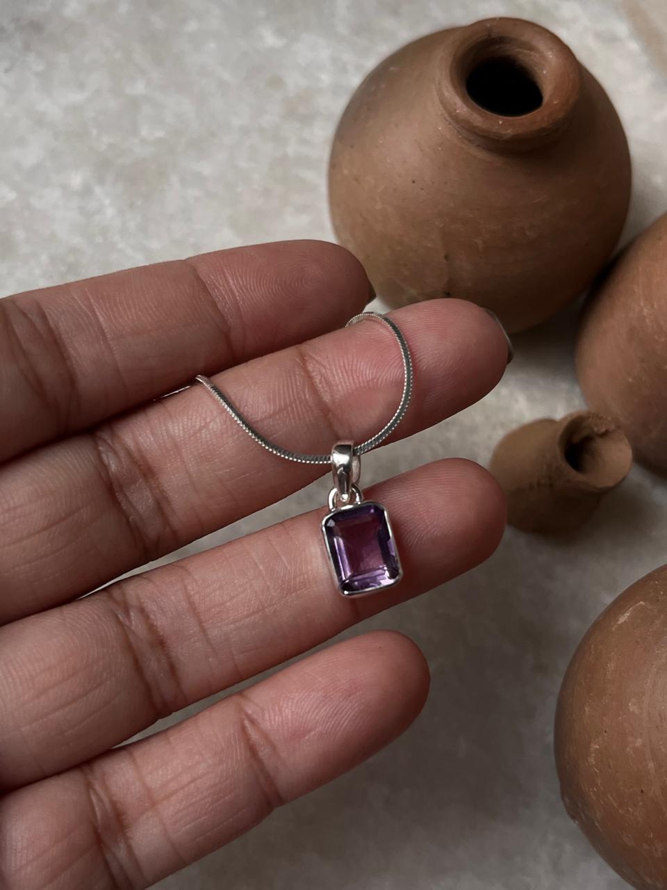 Rectangular Amethyst Gemstone Pendant in Sterling Silver
