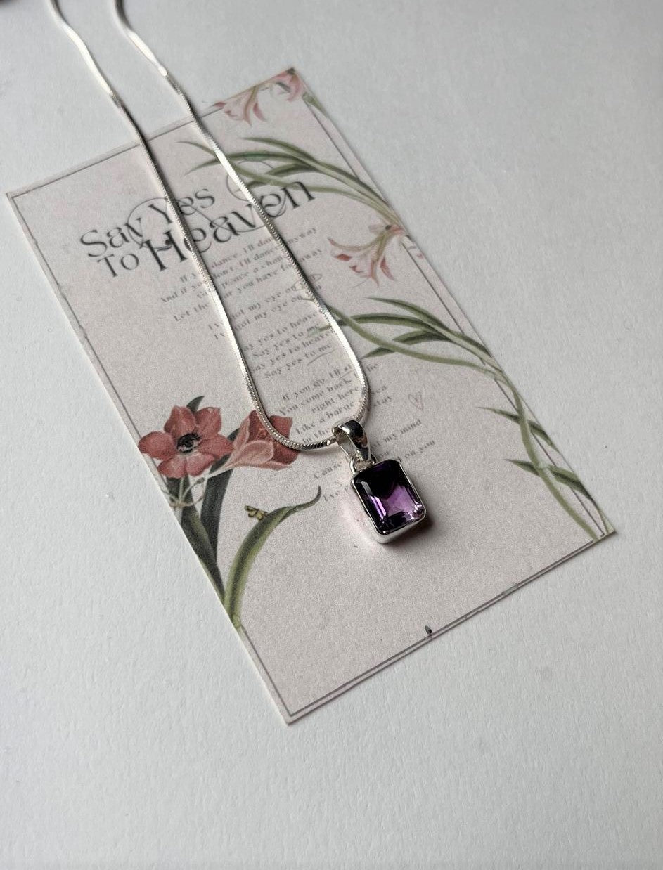 Healing Amethyst Rectangular Pendant in Silver Jewelry  