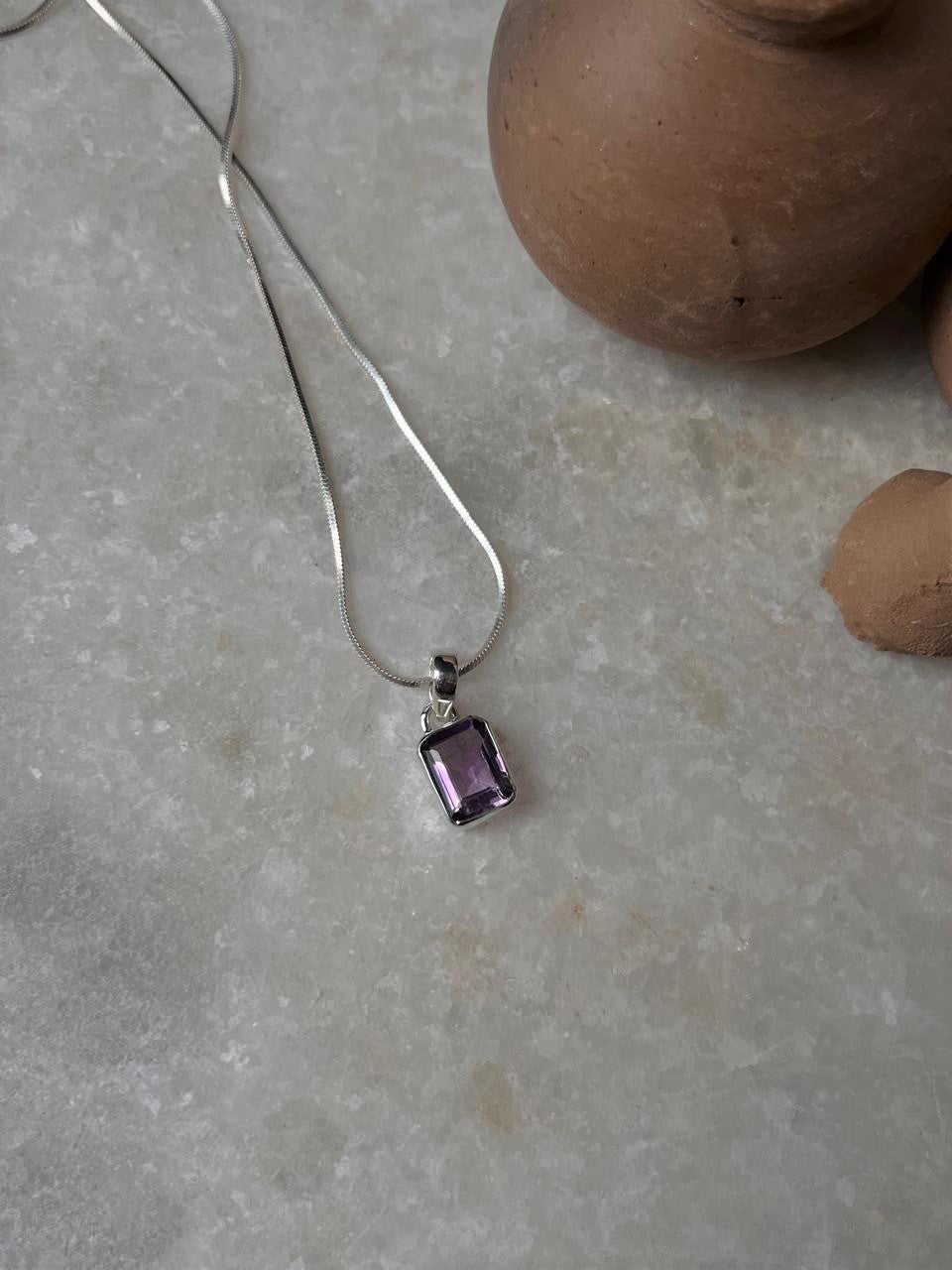 925 Sterling Silver Amethyst Pendant in Modern Rectangle Cut  