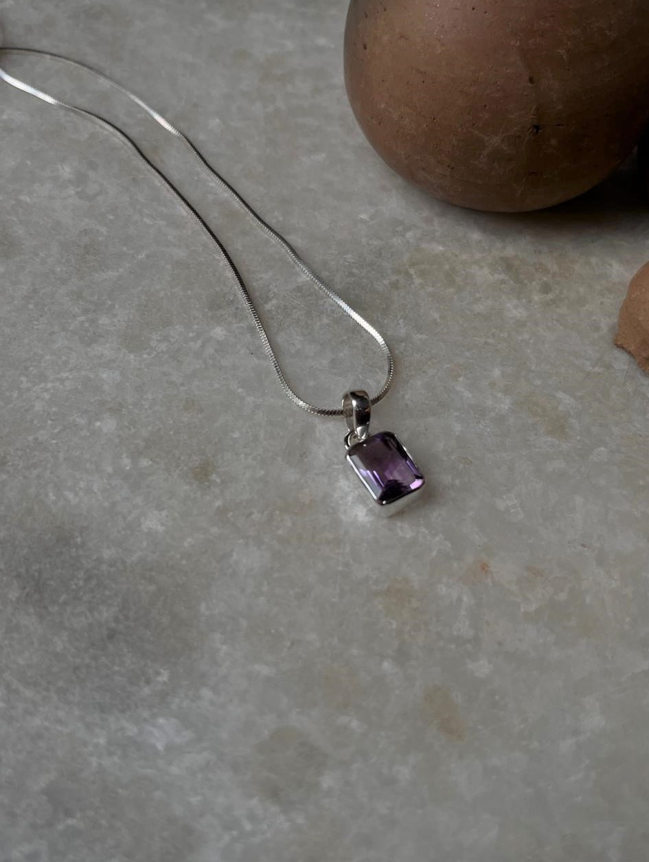 925 Silver Pendant with Rectangular Amethyst Gemstone  