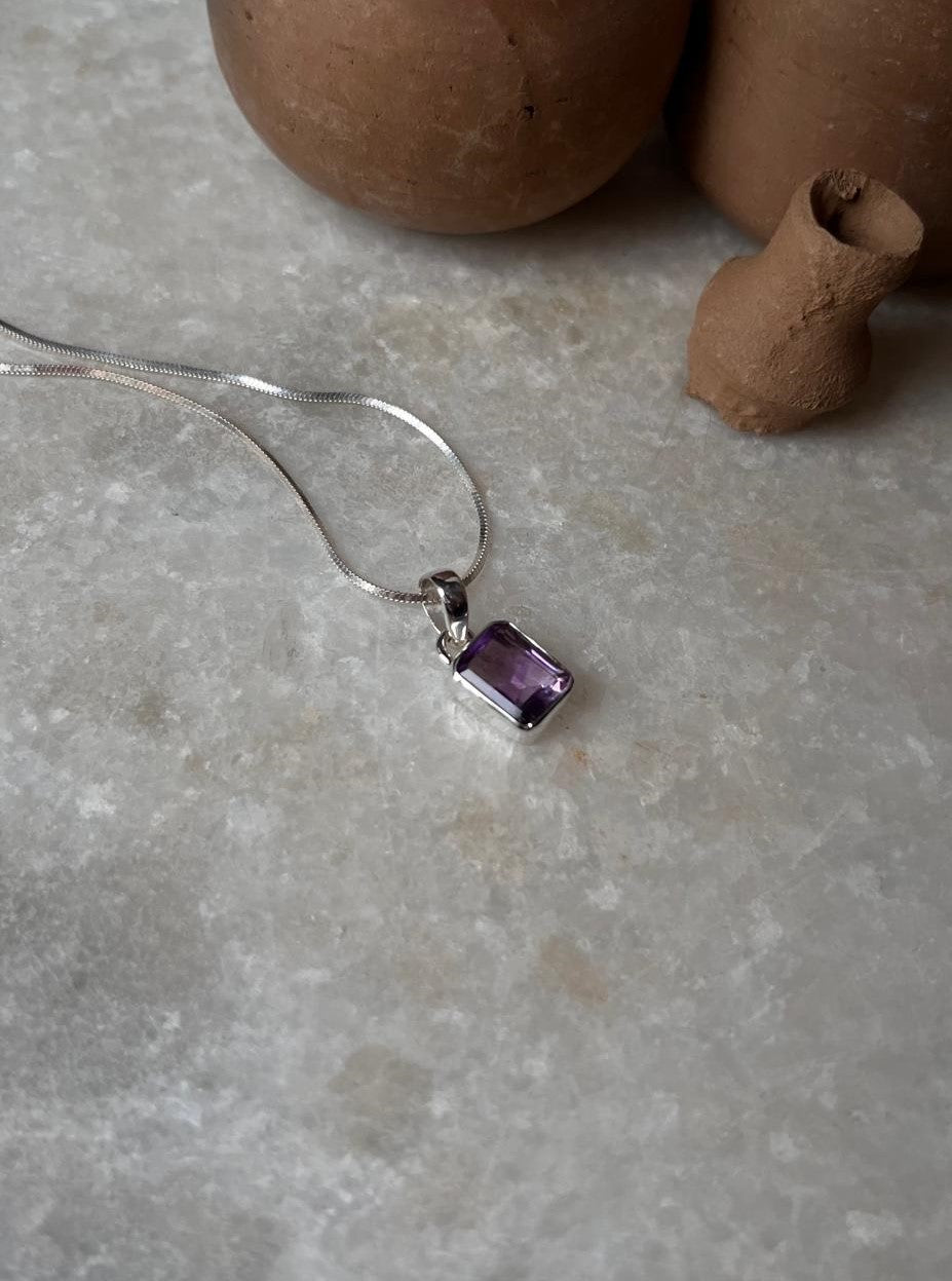 Minimalist Amethyst Rectangle Pendant in Silver Setting  