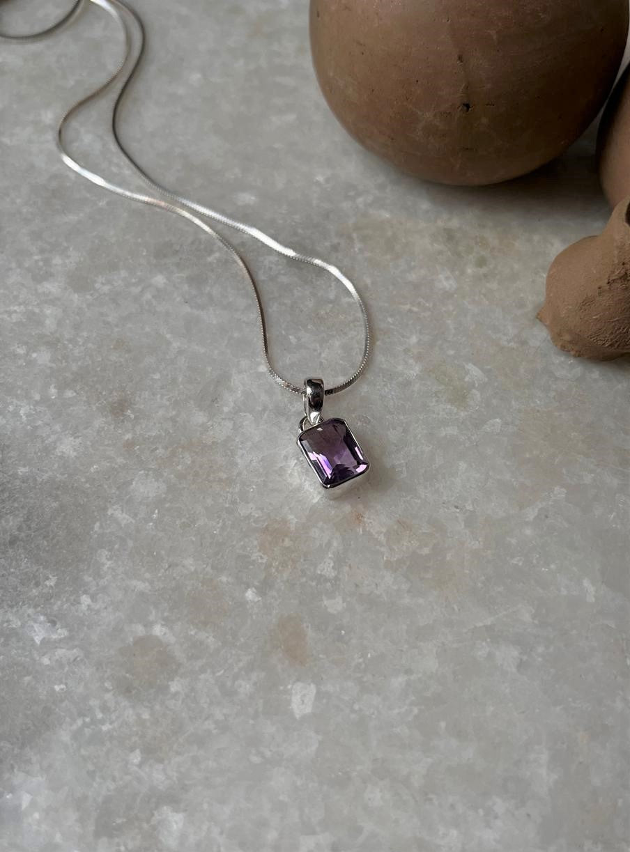 Natural Amethyst Rectangle Pendant in 925 Silver