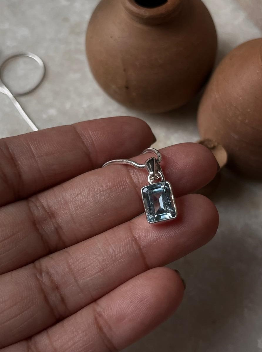 Handcrafted 925 Sterling Silver Pendant with Blue Topaz Rectangle  