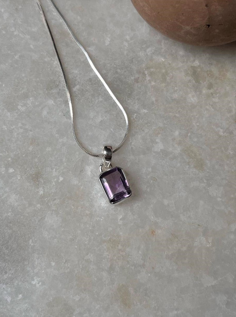 Deep Purple Amethyst Rectangle Pendant in 925 Silver