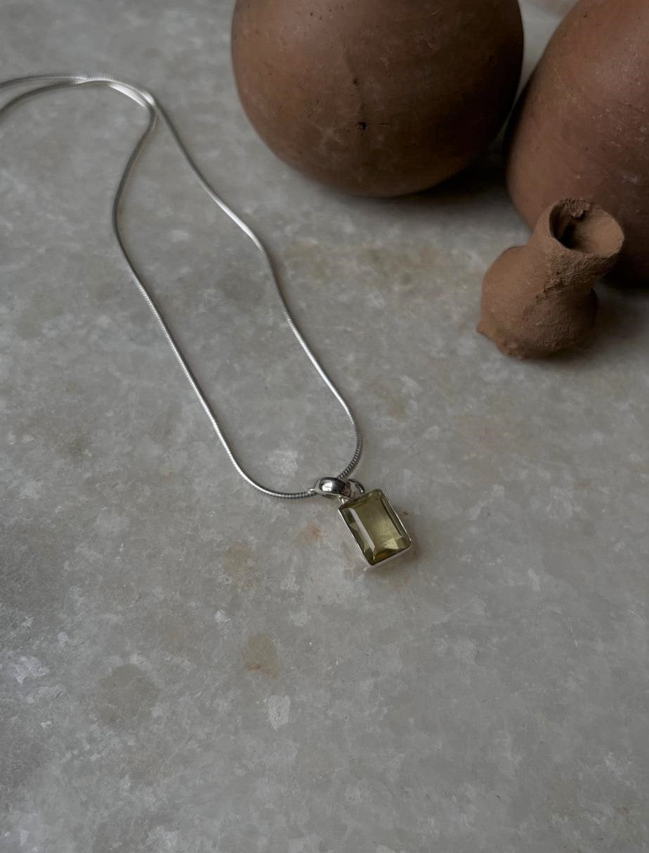 925 Sterling Silver Lemon Quartz Pendant with Modern Rectangular Cut