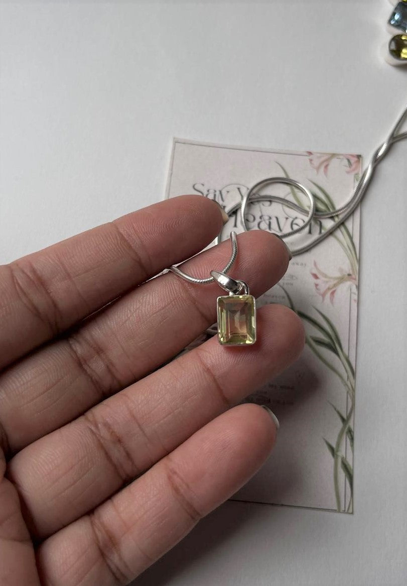 Minimalist Rectangle Lemon Quartz Pendant in Silver  