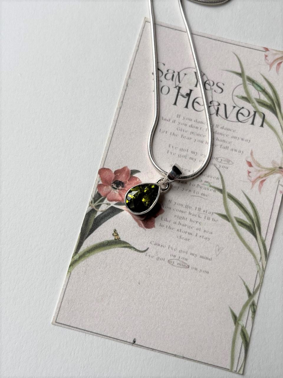 Natural Green Peridot Pear Pendant in 925 Silver  