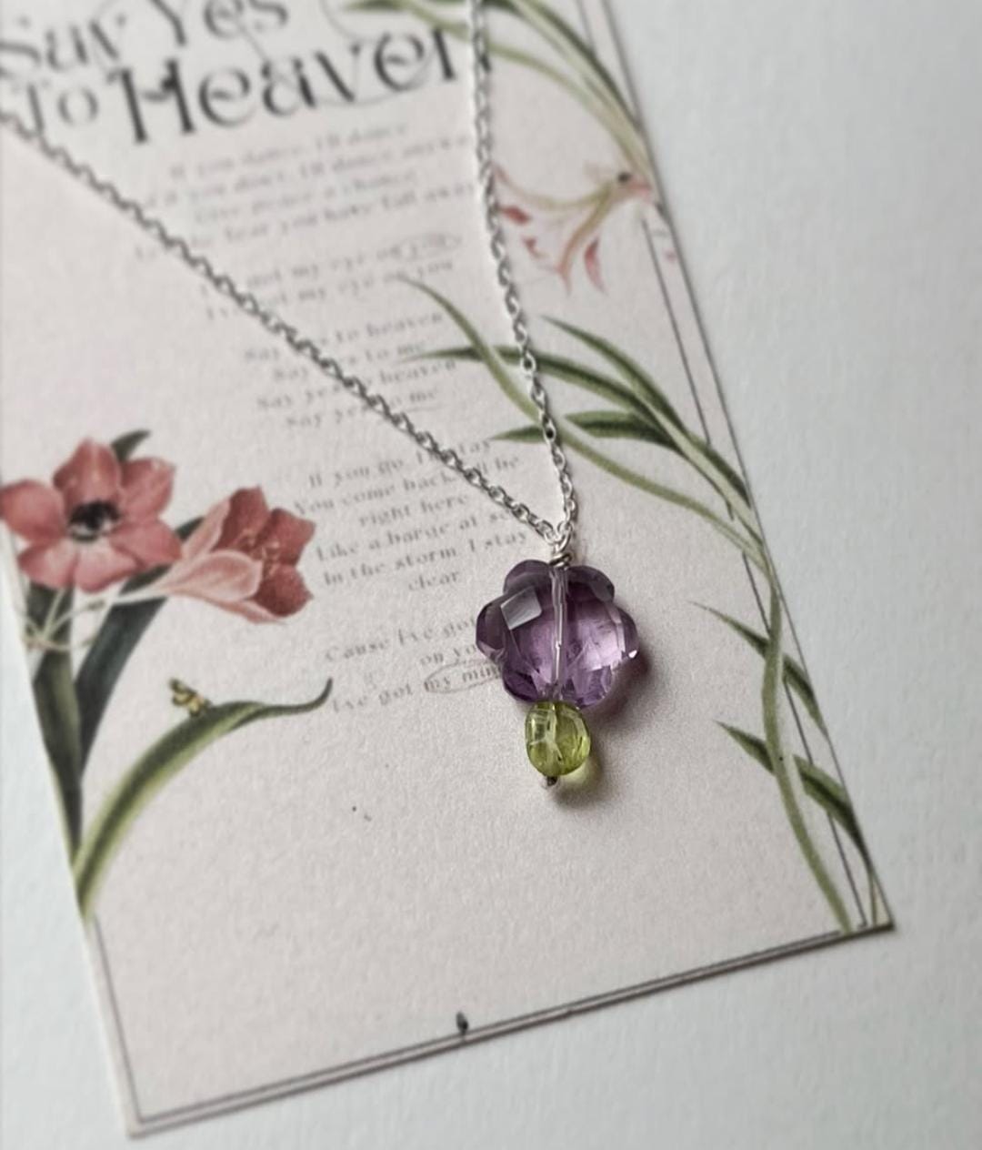 Delicate Amethyst Flower & Peridot Charm 925 Silver Necklace