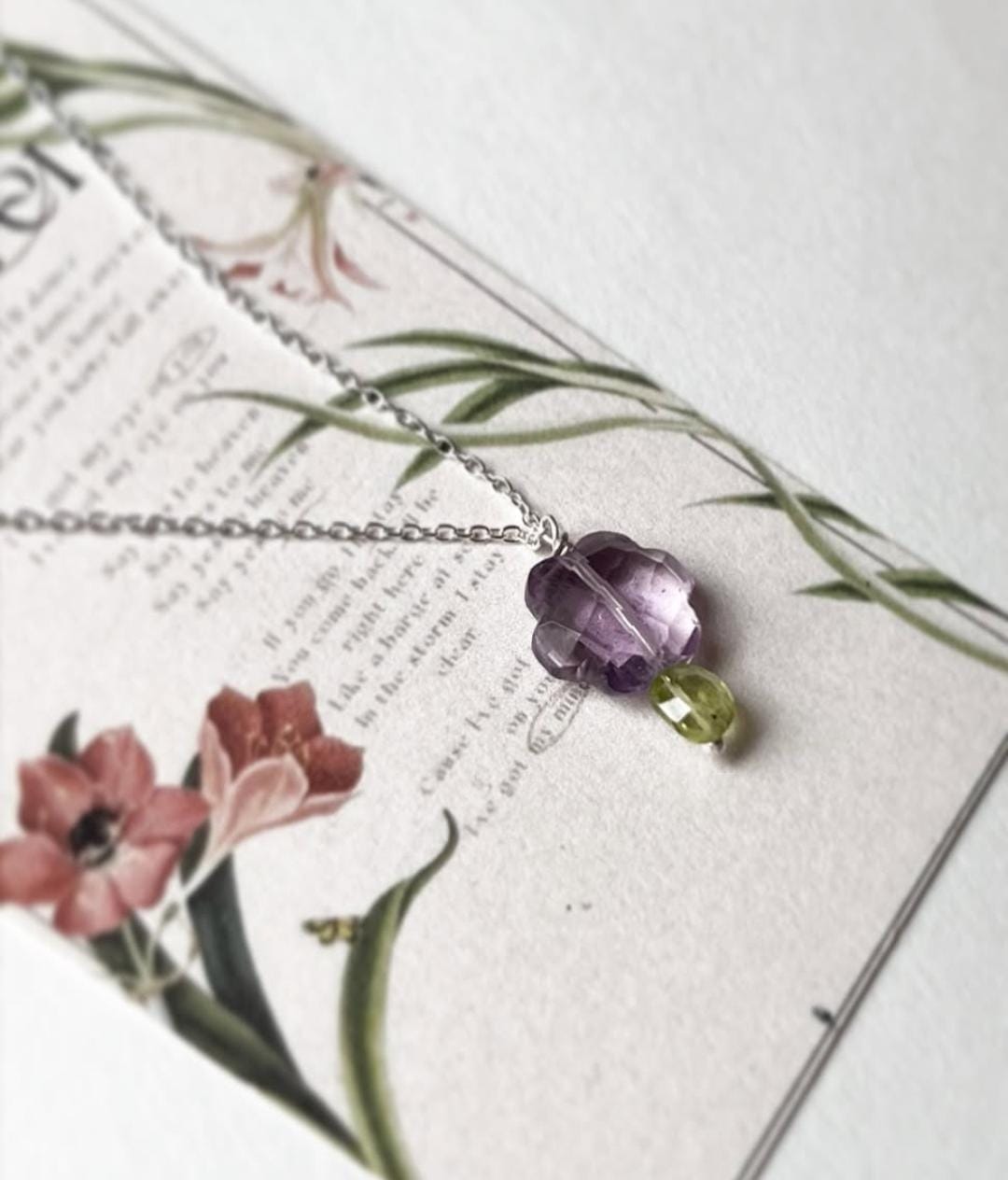 Floral Amethyst and Peridot Crystal Charm Necklace in Silver