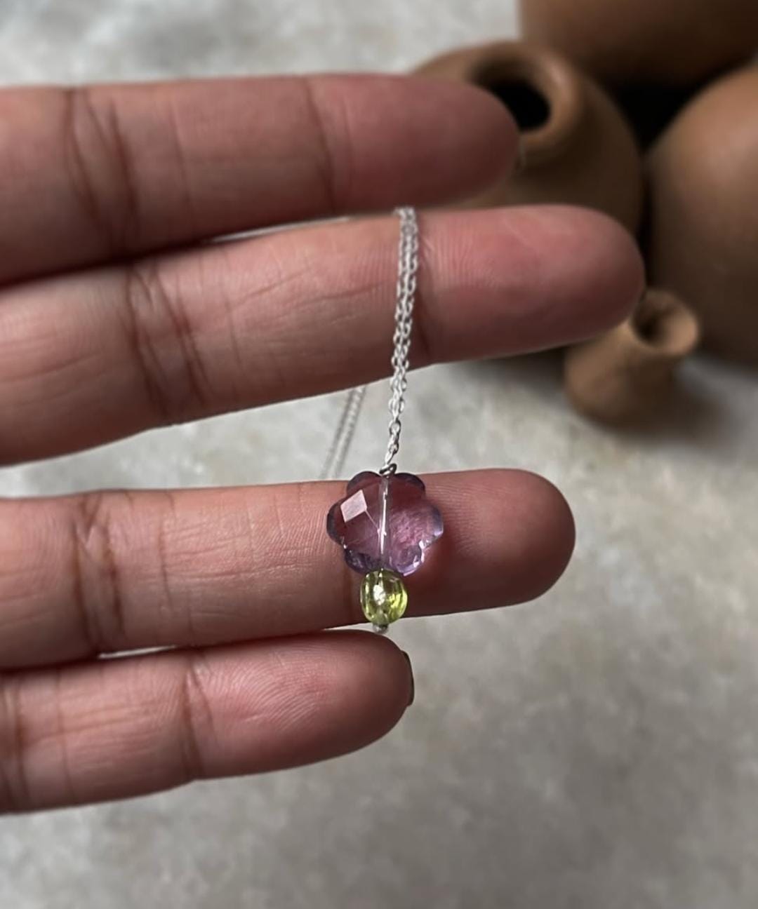 Purple Amethyst Flower and Green Peridot Charm Necklace