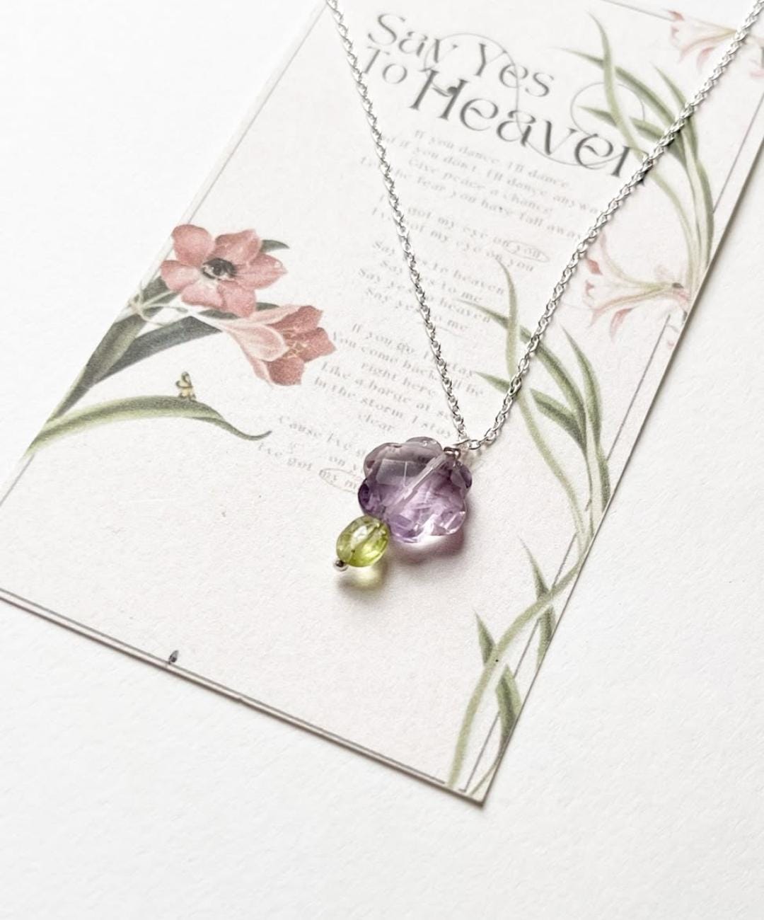 Gemstone Necklace with Amethyst Flower and Peridot Charm  